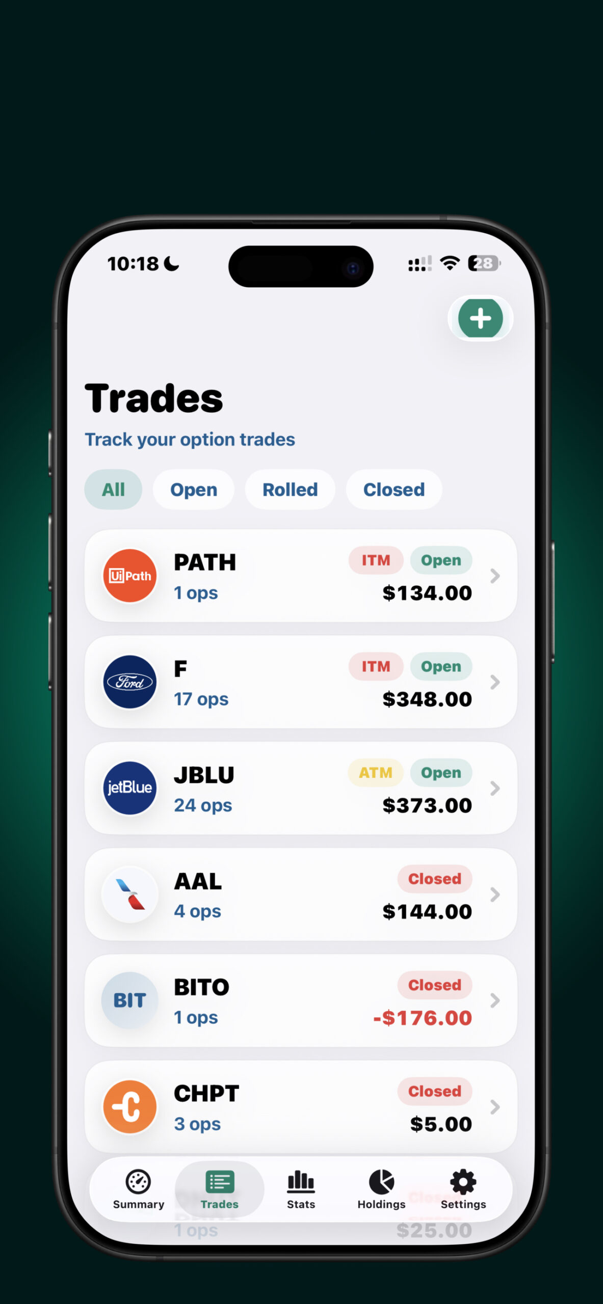 Trades screen